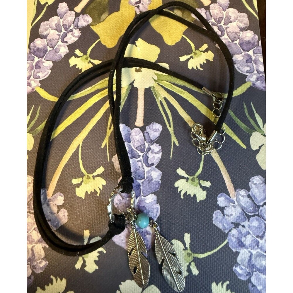 Black Cord Choker Necklace Silver Leaf Charm Pendant Nature Theme Lobster Clasp